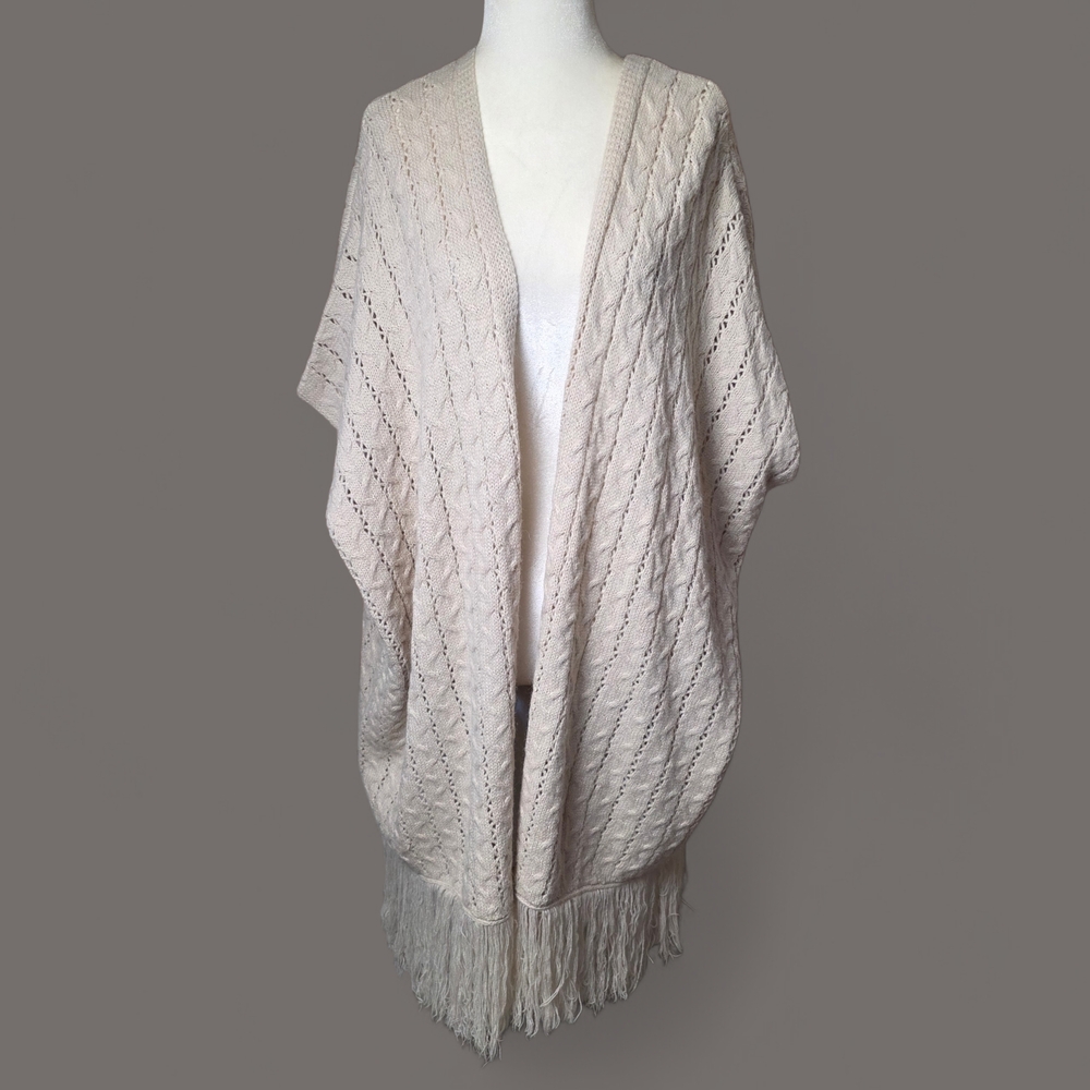 BLVD Cream Fringed Knit Blanket Cardigan